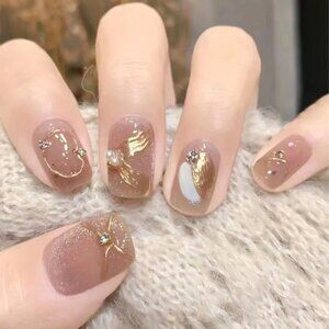 24pcs Short Square 3D Bronzing Glitter Rhinestones Decor Press-on Nail